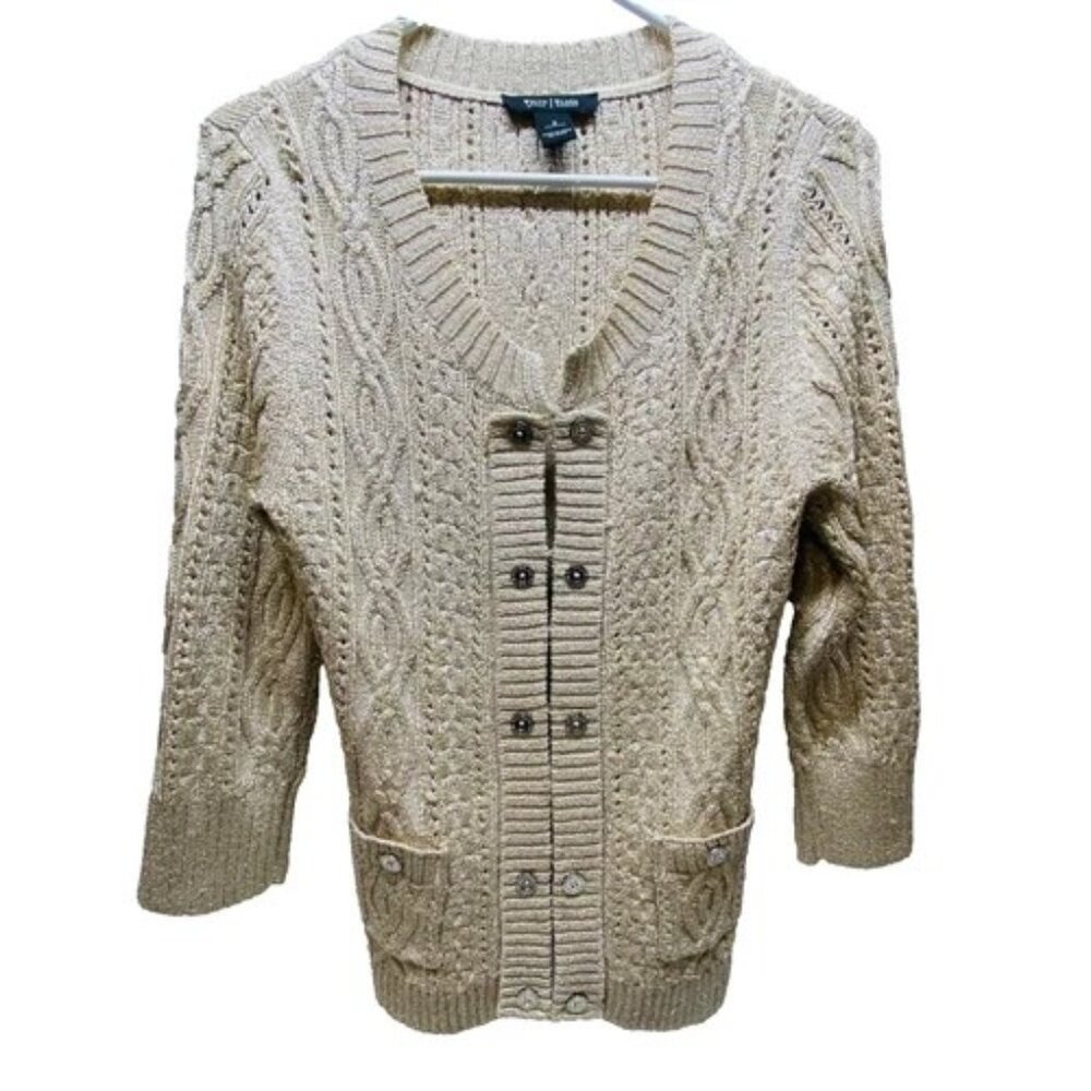 White House Black Market Cardigan‎ Sweater Women's Small Gold Metallic Knit EUC
